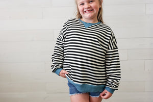 Contrast Banded Detail Ribbed Stripe Top Black