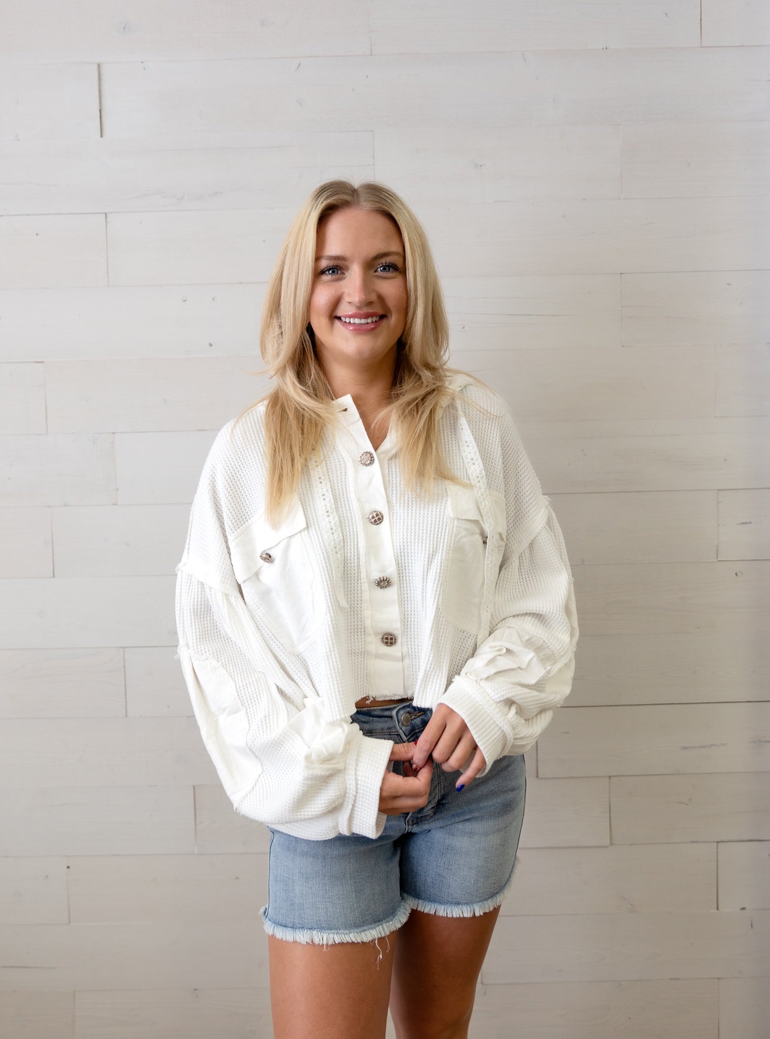 Ivory LS Cropped Thermal Top Raw Edge