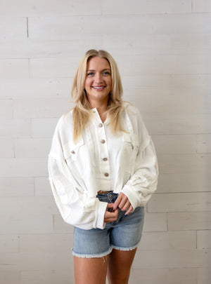 Ivory LS Cropped Thermal Top Raw Edge