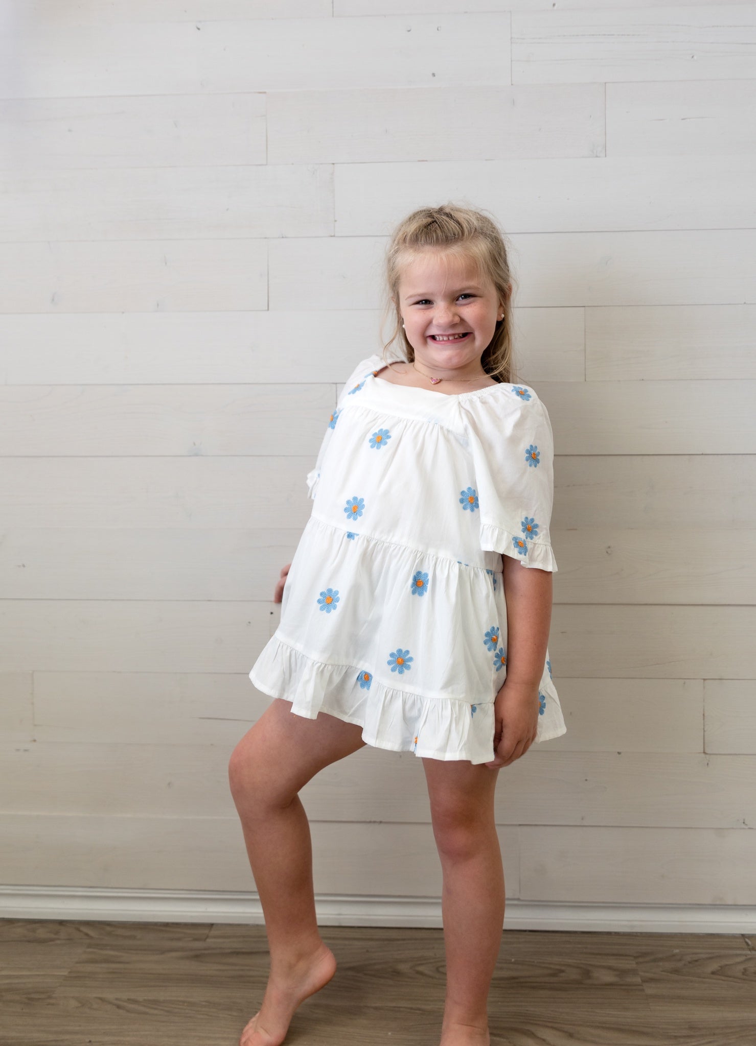 Girls White and Blue Flower Top