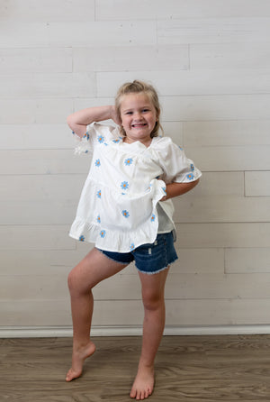 Girls White and Blue Flower Top