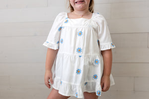 Girls White and Blue Flower Top