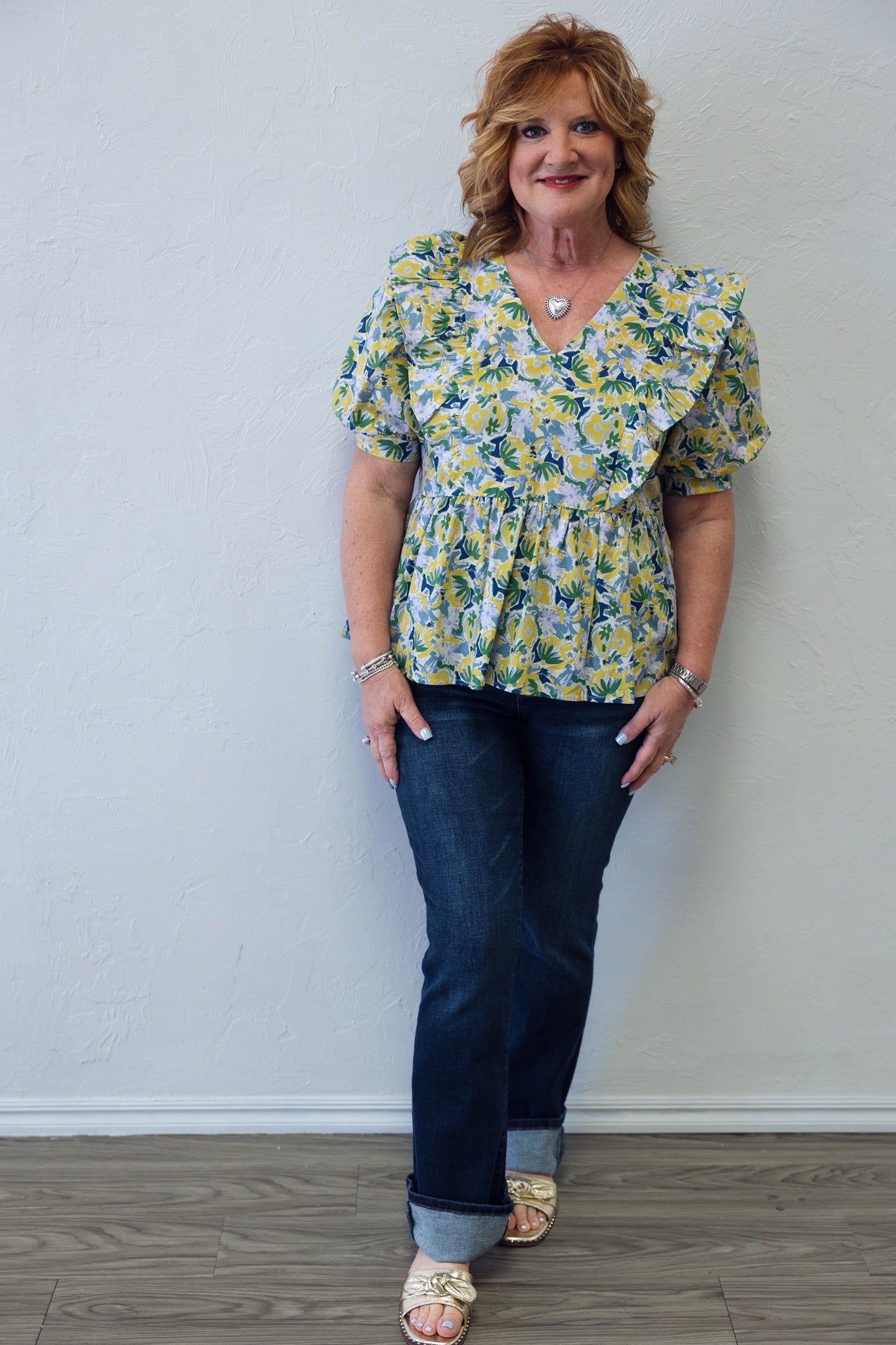 Floral Top With Ruffles Yellow And Green