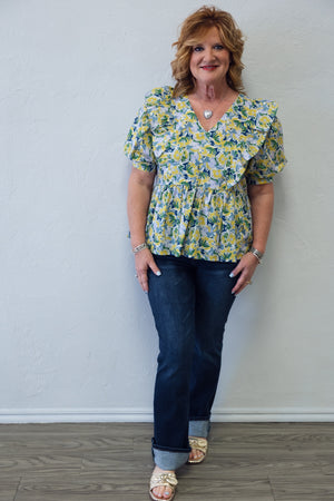 Floral Top With Ruffles Yellow And Green
