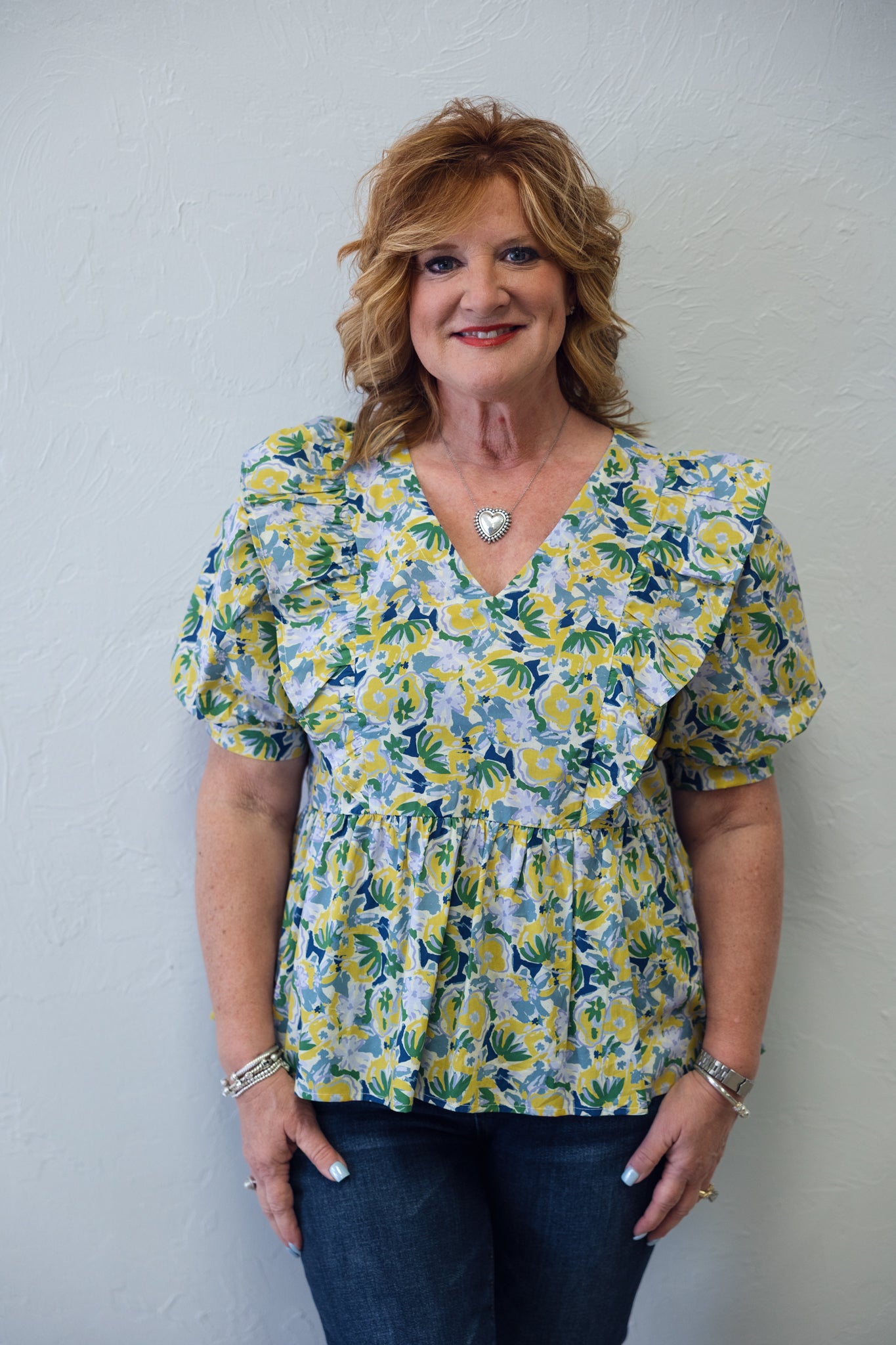 Floral Top With Ruffles Yellow And Green