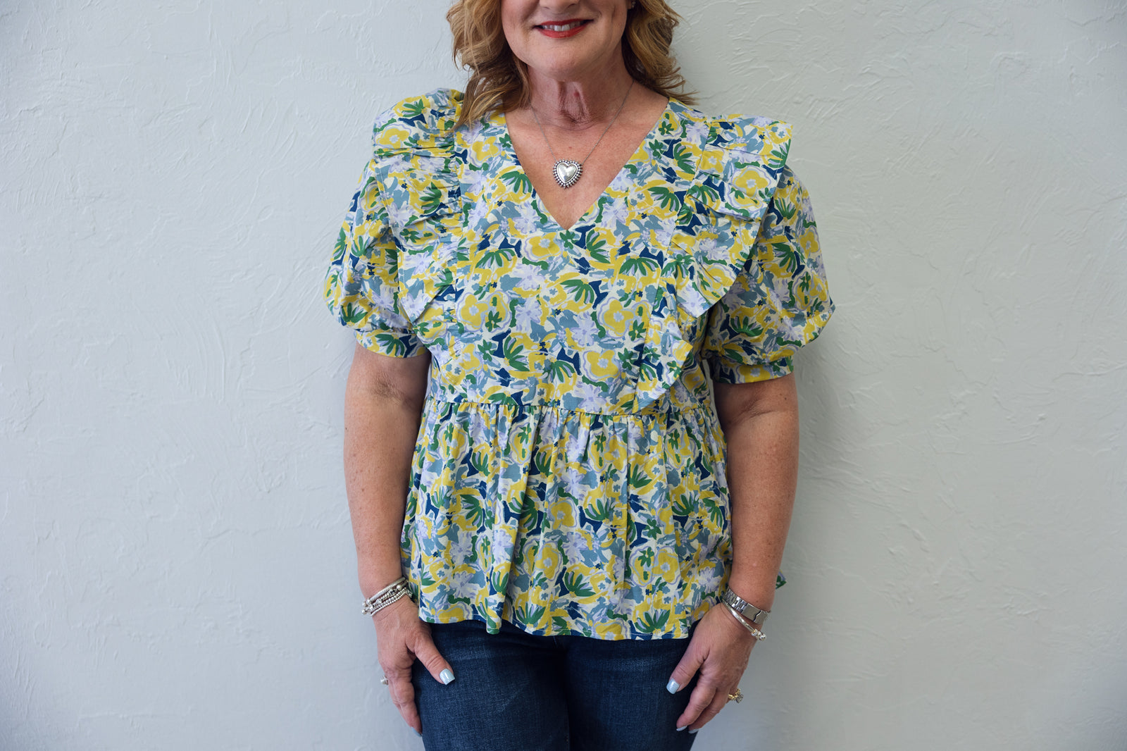 Floral Top With Ruffles Yellow And Green