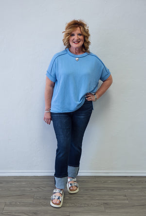 Raised Rib Cuff Sleeve Raw Edge Top Sky Blue
