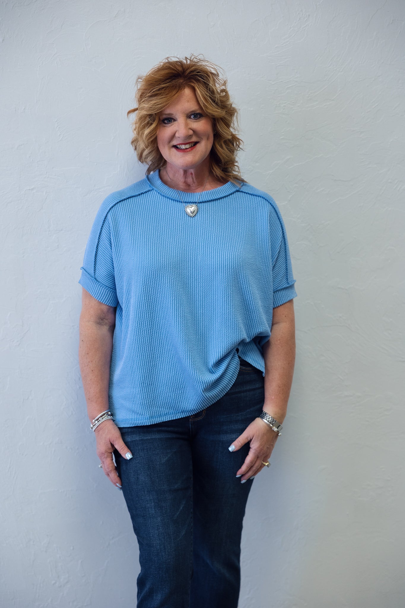 Raised Rib Cuff Sleeve Raw Edge Top Sky Blue