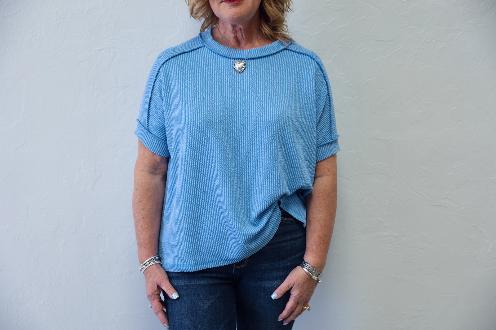 Raised Rib Cuff Sleeve Raw Edge Top Sky Blue