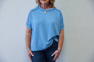Raised Rib Cuff Sleeve Raw Edge Top Sky Blue