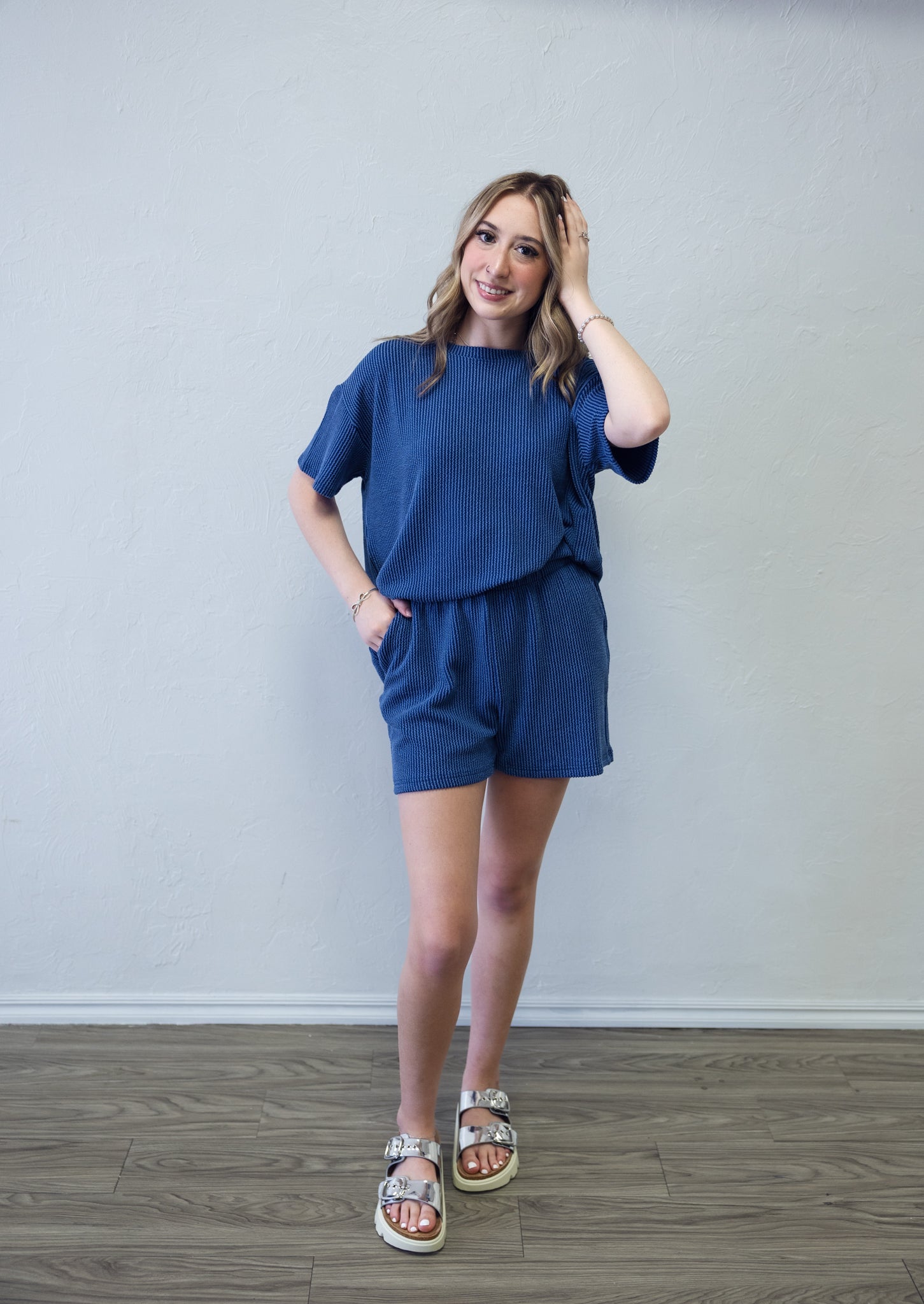 Raise Ribbed SS Tee & Short Set Classic Blue