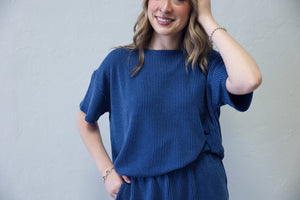 Raise Ribbed SS Tee & Short Set Classic Blue