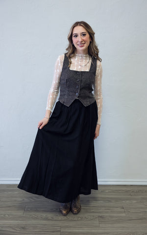 Solid Woven Maxi Skirt with Elastic Waistband Black