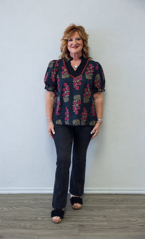 Black With Red Floral V Neck Top