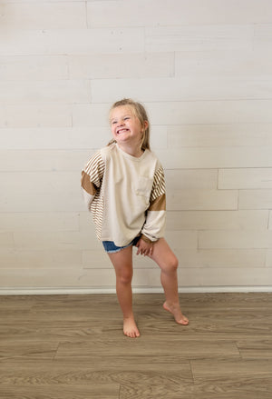 Stripe And Color Block Sleeve Detail Knit Top Taupe