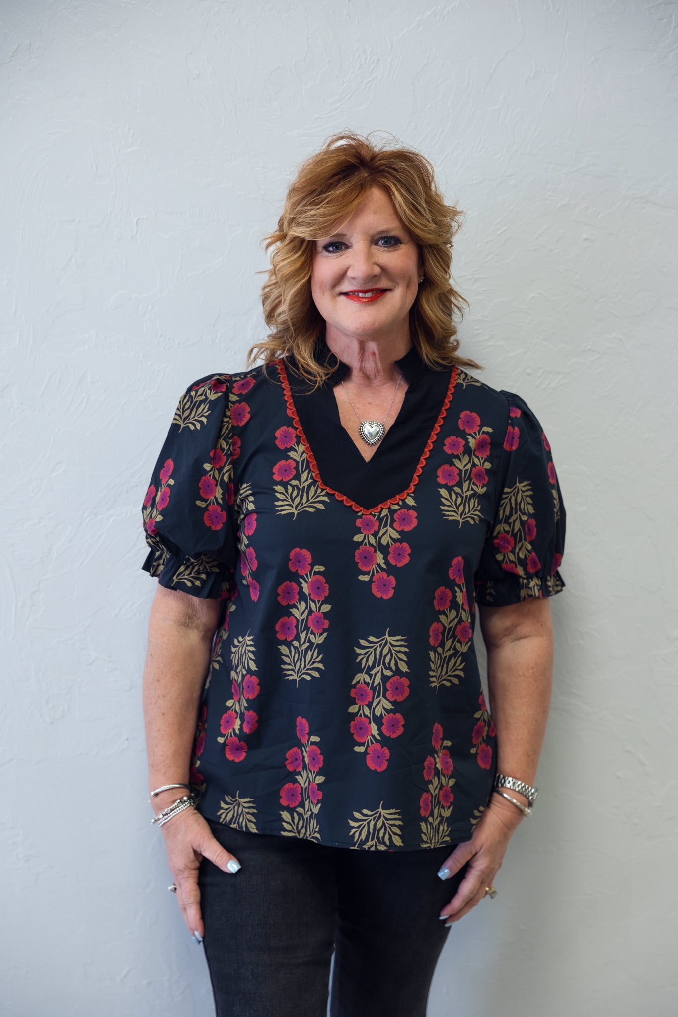 Black With Red Floral V Neck Top