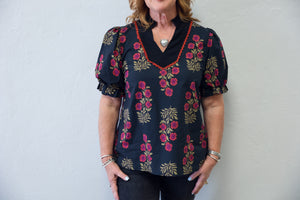 Black With Red Floral V Neck Top
