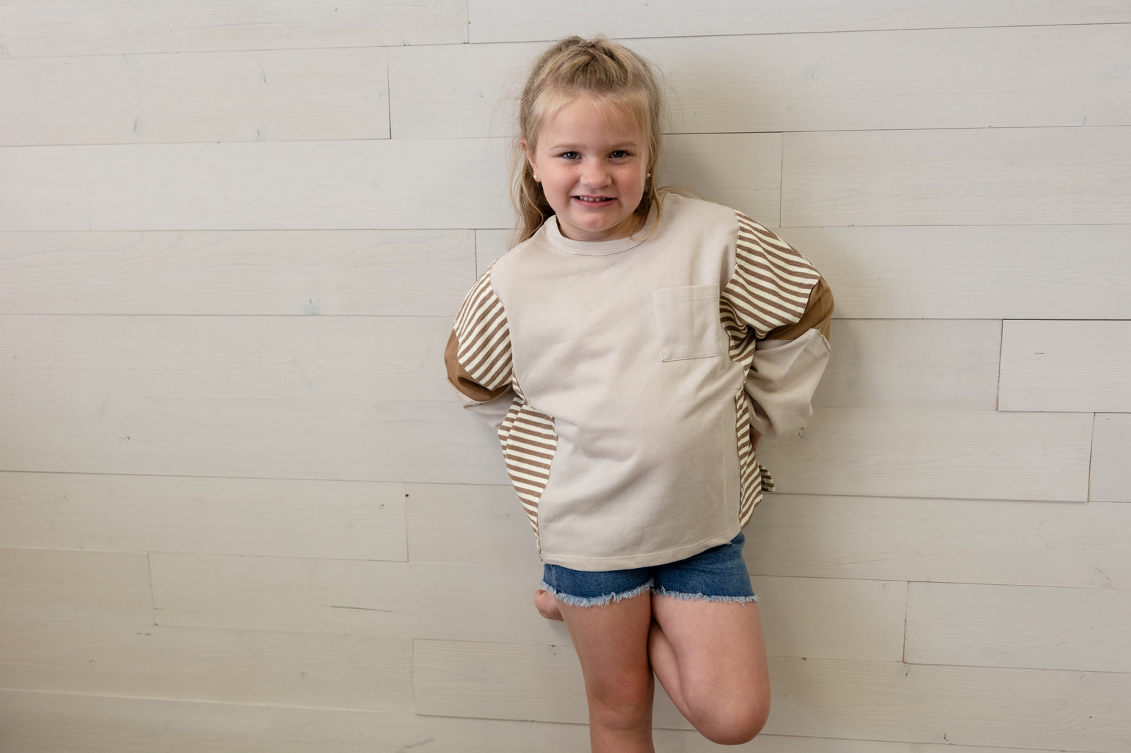 Stripe And Color Block Sleeve Detail Knit Top Taupe