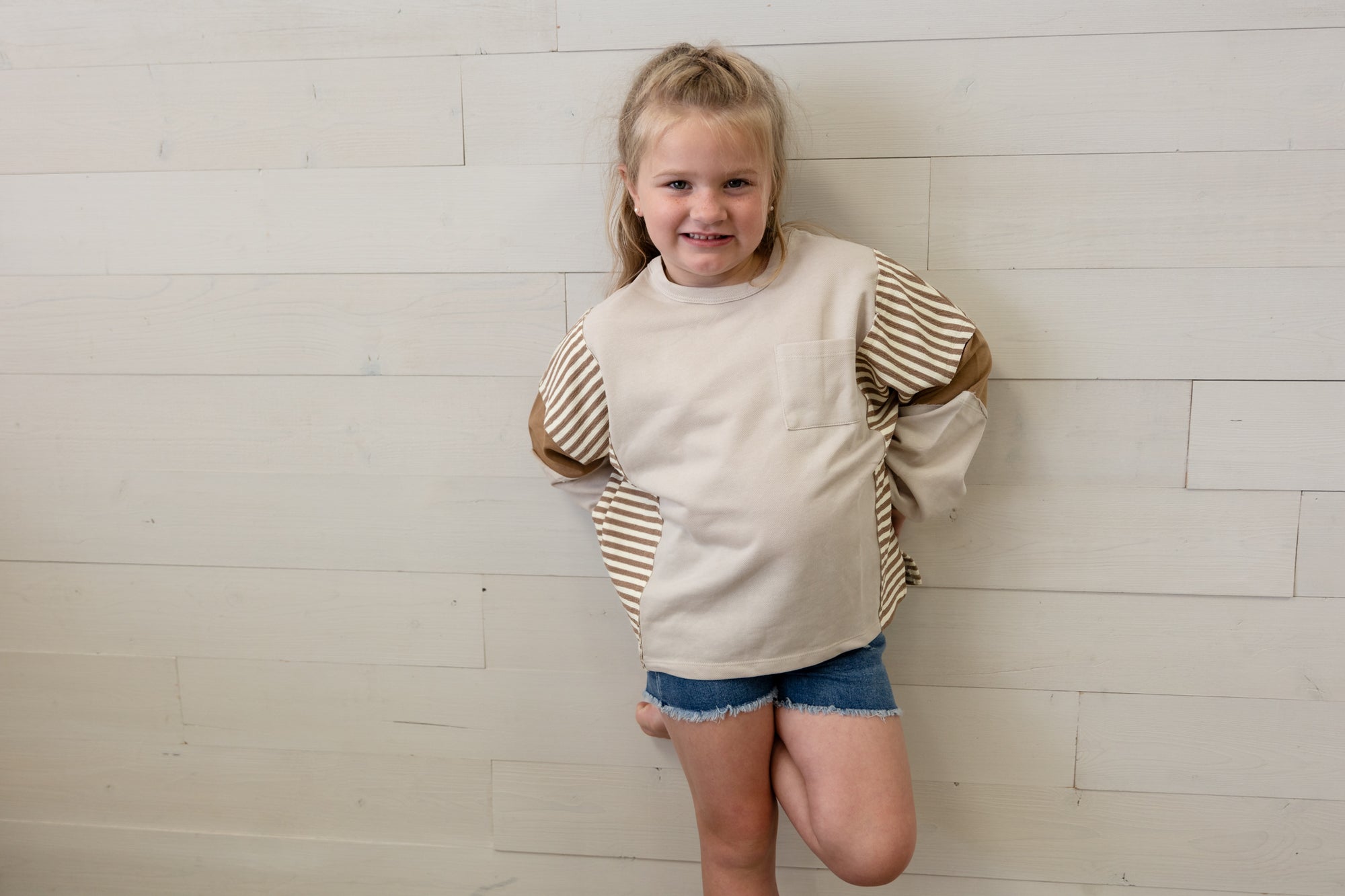 Stripe And Color Block Sleeve Detail Knit Top Taupe