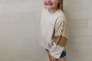 Stripe And Color Block Sleeve Detail Knit Top Taupe