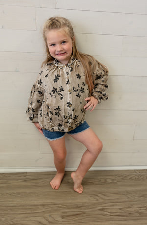 Floral Print Stretch Twill Puff Sleeve Jacket