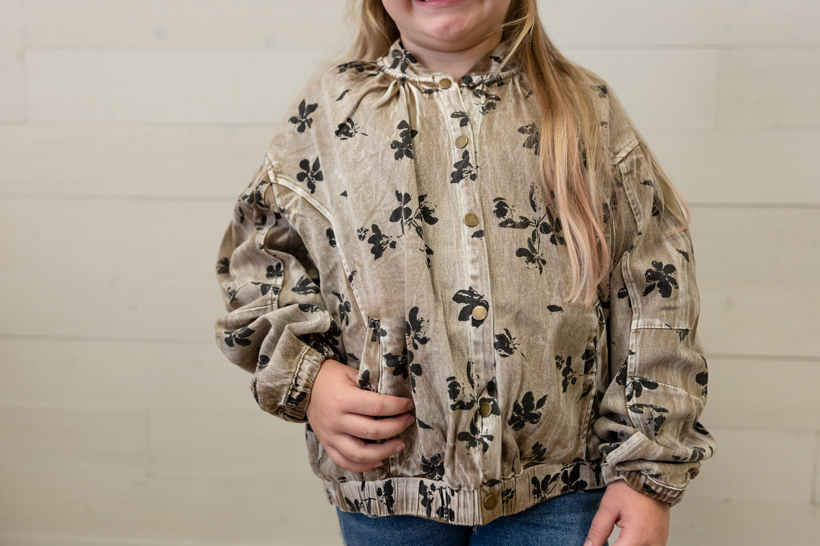 Floral Print Stretch Twill Puff Sleeve Jacket