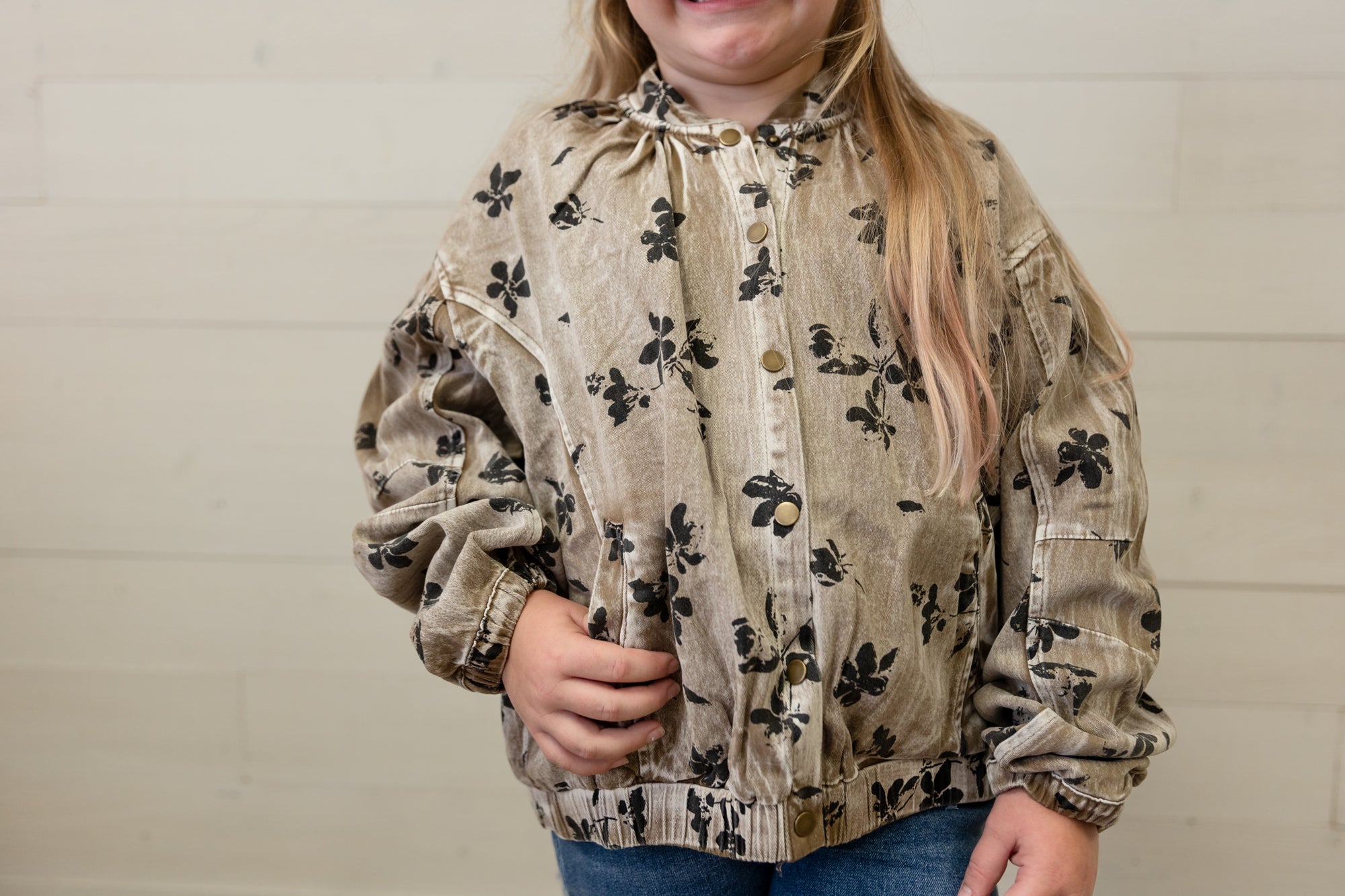 Floral Print Stretch Twill Puff Sleeve Jacket