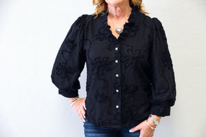 Ruffle Detail Button Down 3D Floral Top Black
