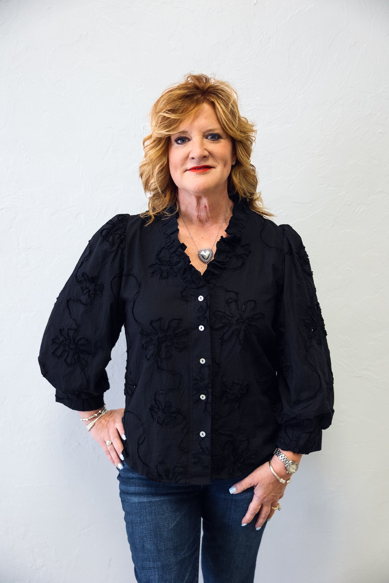 Ruffle Detail Button Down 3D Floral Top Black - The Burlap Buffalo