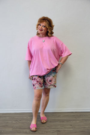 Acid Wash Drop Shoulder Boyfriend Tee Candy Pink