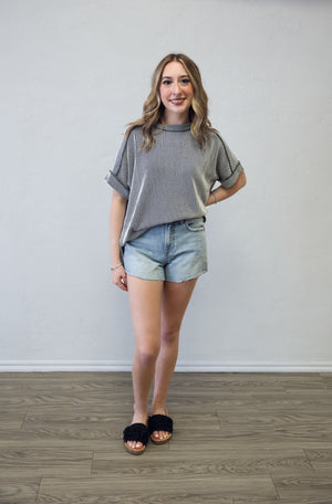 Raised Rib Cuff Sleeve Raw Edge Top Black & White