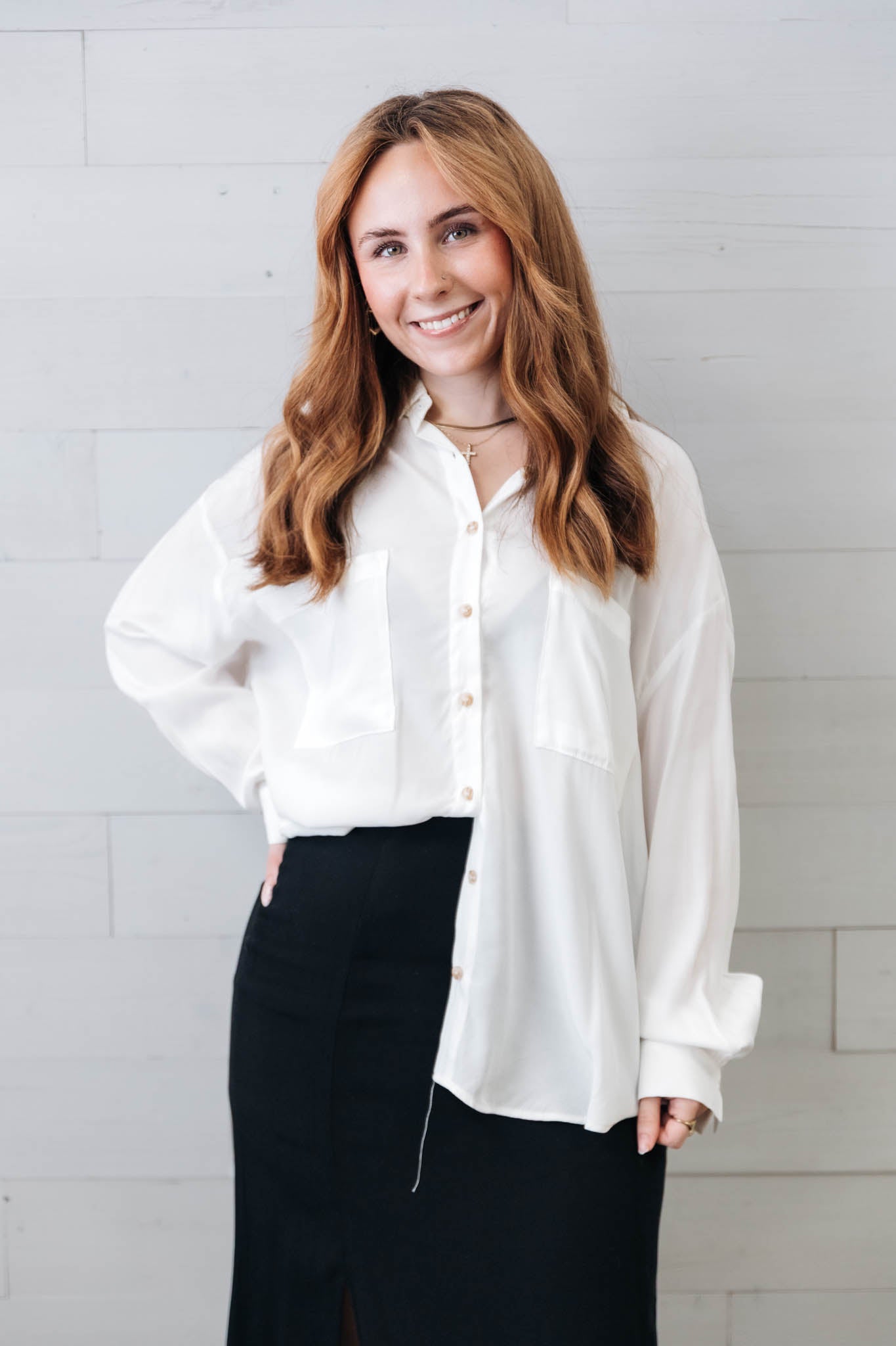 White Oversized Button Down Long Sleeve Shirt