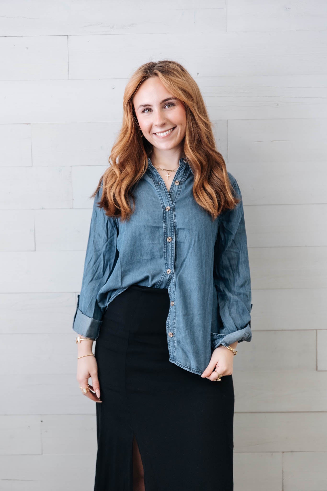 Chambray Collared 3/4 Sleeve Button Down Shirt
