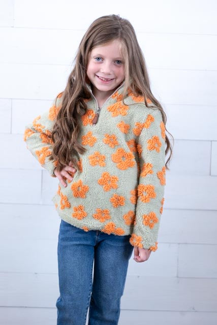 Girl's Boho Flower Sherpa Pullover