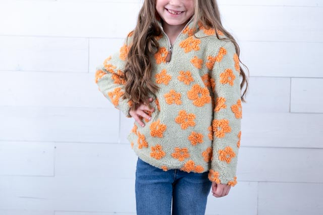 Girl's Boho Flower Sherpa Pullover