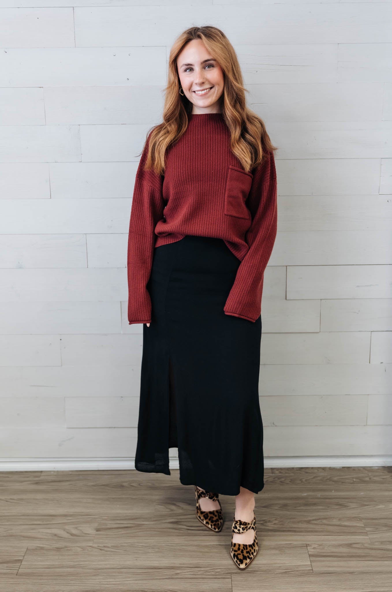 Burgundy Mock Neck Pocket Detail LS Sweater