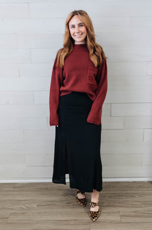 Burgundy Mock Neck Pocket Detail LS Sweater