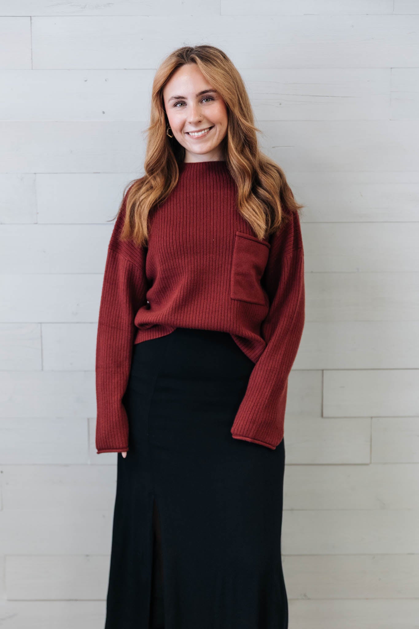 Burgundy Mock Neck Pocket Detail LS Sweater