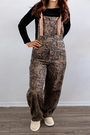 Leopard Print & Denim Barrel Leg Overall