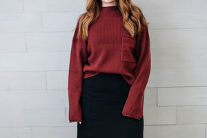 Burgundy Mock Neck Pocket Detail LS Sweater