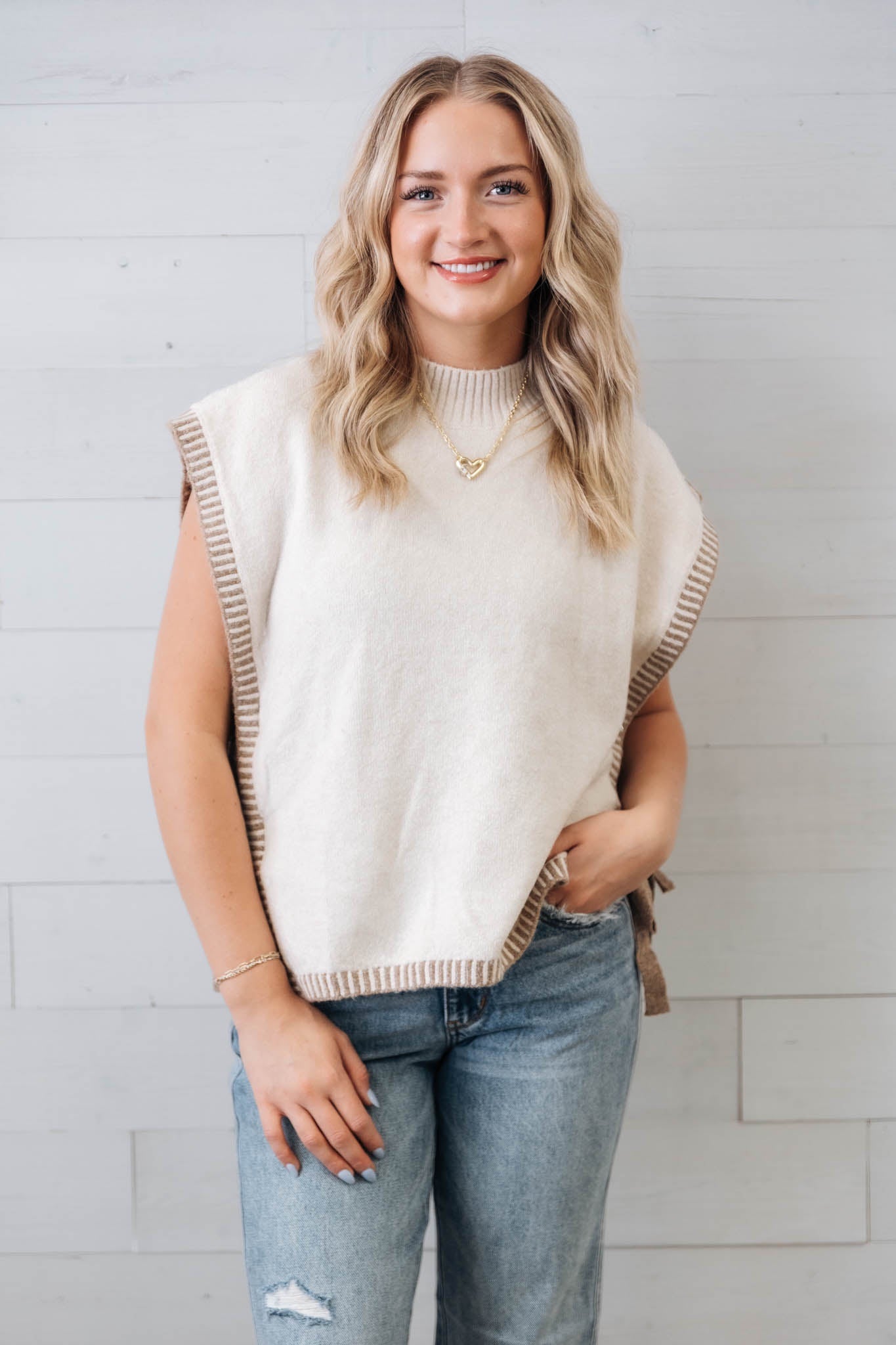 Oatmeal Side Tie Detail Knit Sweater Vest Top Mock Neck