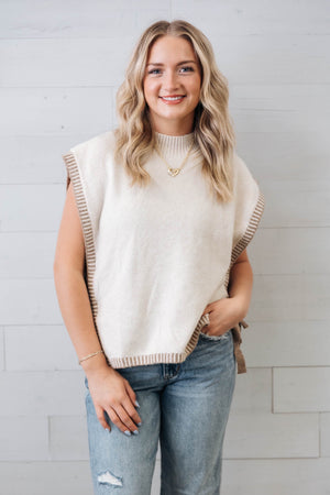Oatmeal Side Tie Detail Knit Sweater Vest Top Mock Neck