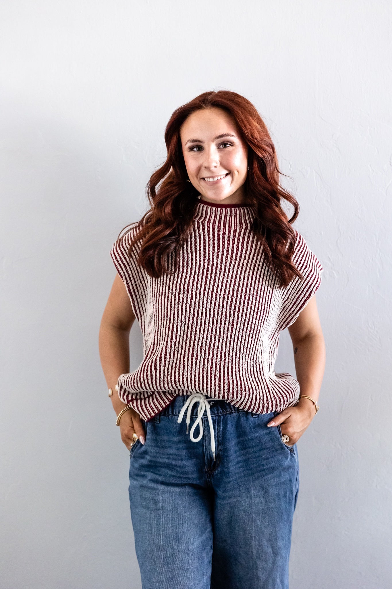 Two Tone Ribbed Knit Sweater Vest Burgundy