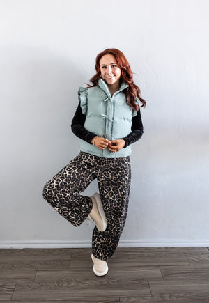 Front Bow Ruffle Sleeve Puffer Vest Sage