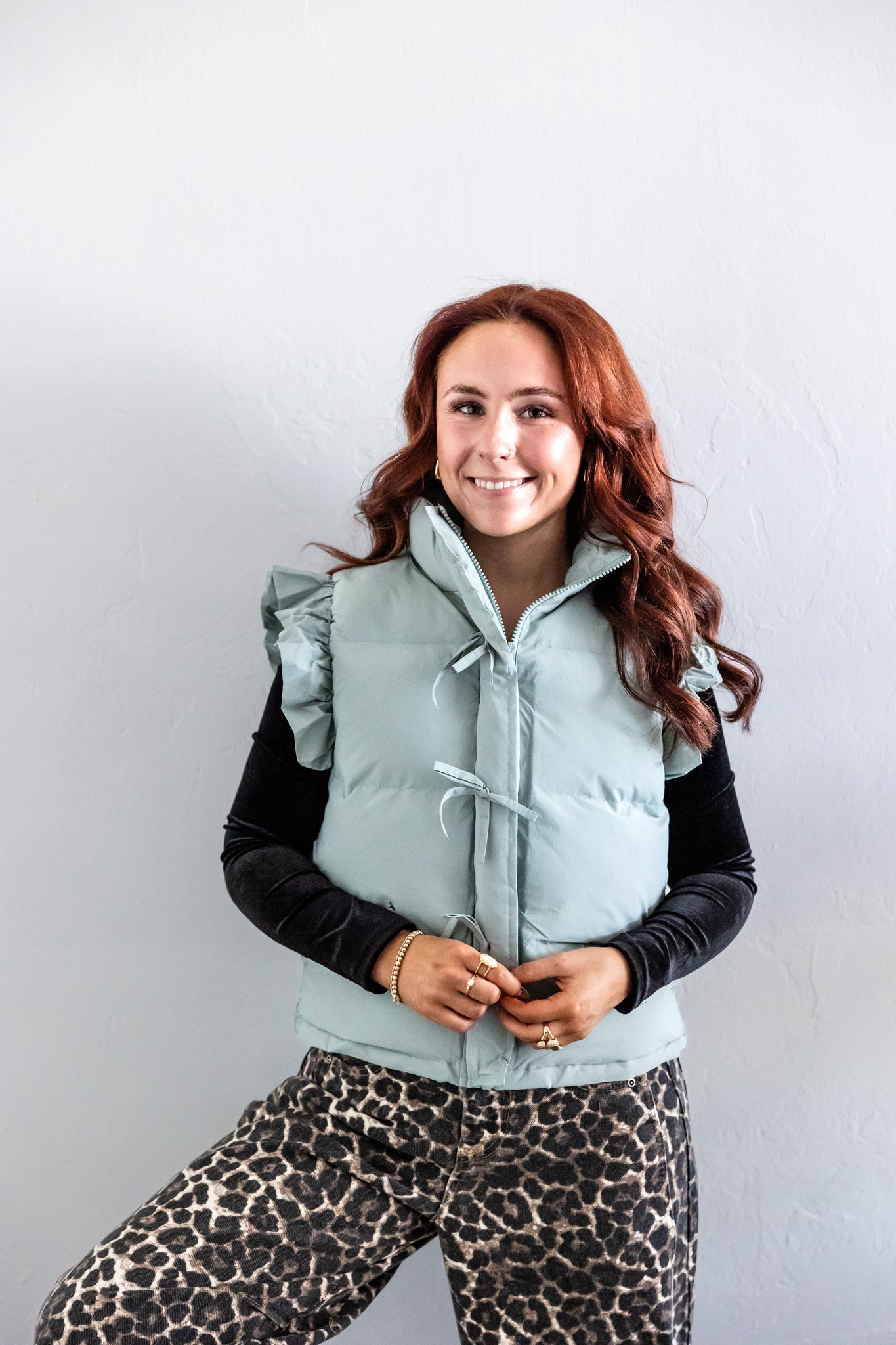 Front Bow Ruffle Sleeve Puffer Vest Sage