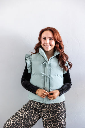 Front Bow Ruffle Sleeve Puffer Vest Sage