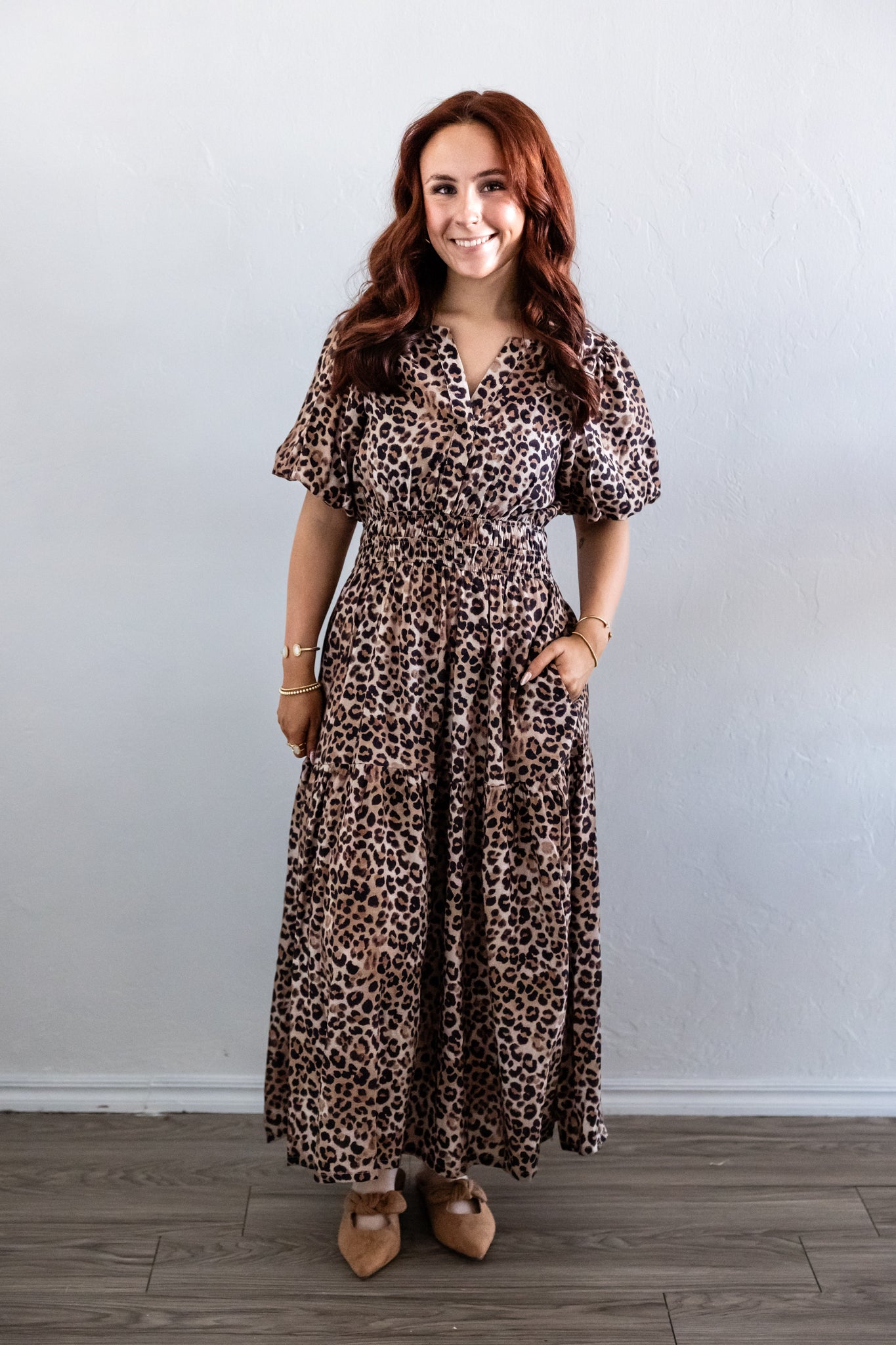 Puff Sleeve Leopard Print Tiered Midi Dress Mocha