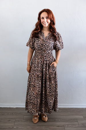 Puff Sleeve Leopard Print Tiered Midi Dress Mocha