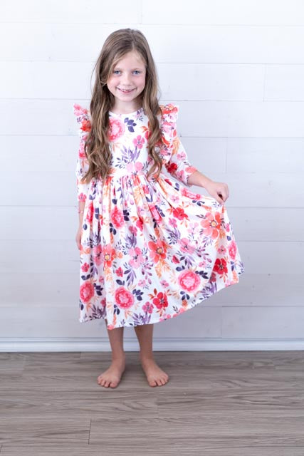 Tangerine Leaves 3/4 Sleeve Ruffle Twirl Dress