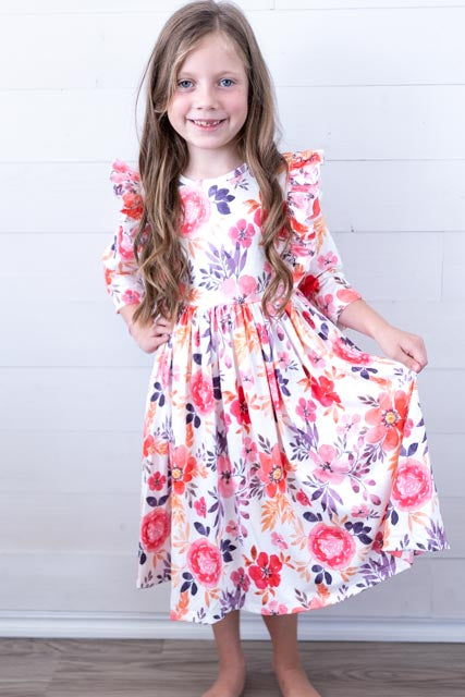 Tangerine Leaves 3/4 Sleeve Ruffle Twirl Dress